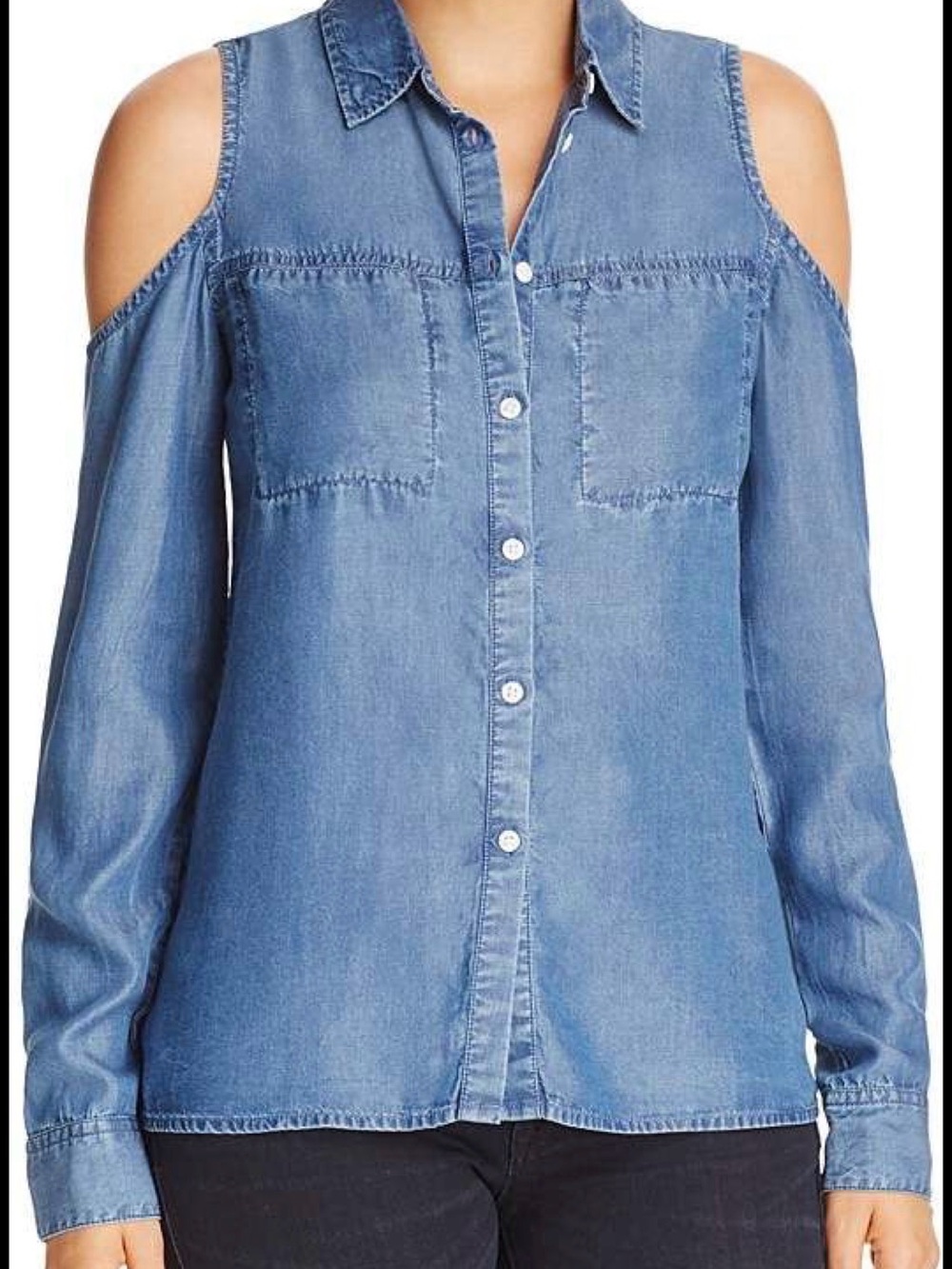 Alison Andrews - Light Blue Cold-Shoulder Chambray Top (Small)